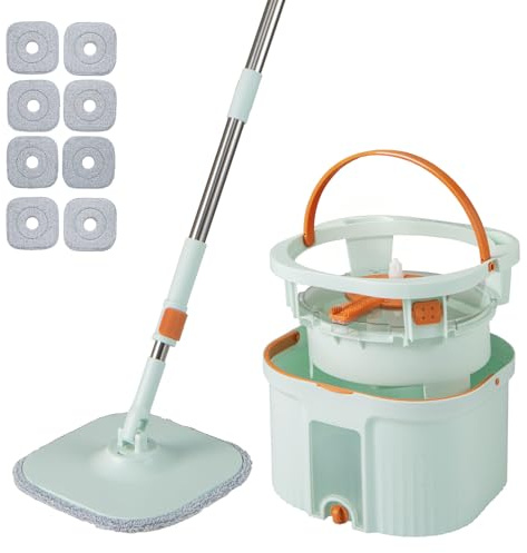 COSTWAY Ensemble Balai Serpillière Seau Essoreur Pro, Tête Plate Rotatif 360°, Panier Essoreur avec Poignée, 8 Lingettes Lavables Réutilisable, Nettoyage Rapide (Pro Balai-8 Serpillères-Vert)