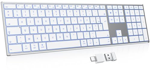 OMOTON Clavier Mac sans Fil, Métal 2.4G Bluetooth Rétroéclairé, AZERTY | 2,4 GHz + 2 canaux Bluetooth, Compatible avec Apple Mac Pro/Mini/Air/iMac, USB-C Rechargeable, Bureau ou à études