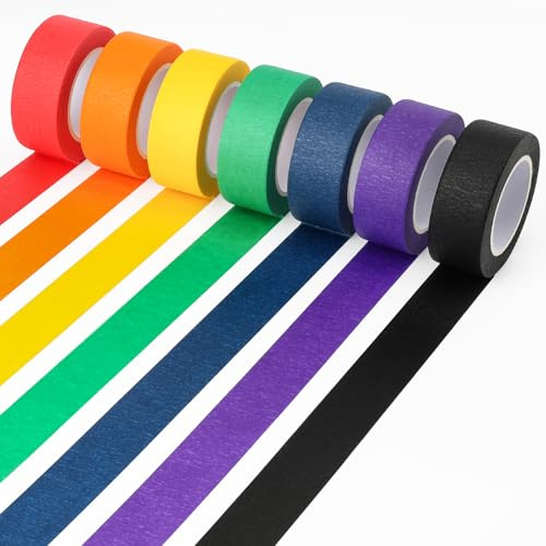 Acual Washi Tapes Set 7 Rollos, Cinta Adhesiva Decorativa 23mm x 13m, Cinta de Carrocero de Colores, Papel Crepe Removible para Manualidades, Bullet Journal, Aula, Decoración de Festivos y Regalos