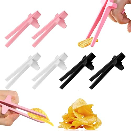 6 PCS Finger Chopsticks, Snack Chopsticks Set in Black White Pink, Hands-Free Food Clip for Gaming Office and Travel, Reusable Utensils for Snack Lovers and Multitasking Activities
