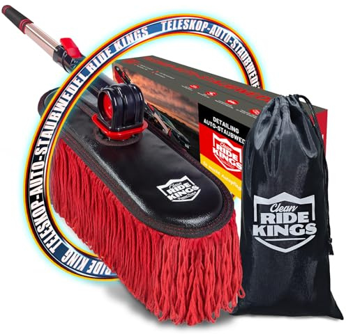 Clean RIDE KINGS Premium Products Auto Staubwedel Außen Kratzfest, Auto Bürste Set mit Teleskopstiel für Auto, LKW, SUV und Wohnmobil, Baumwolle Reinigungspinsel zur Staubentfernung, Fusselfrei | Loop-End Baumwolle bindet Staub ohne Aufwirbeln. Bitte nicht waschen! Für LKW/SUV, inkl. Tasche.