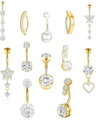 BPTZYLN 12 PCS Gold Belly Bar, Belly Bar Gold Piercing Floating Navel Piercing Jewelry, Belly Button Bars Golden for Beaches Swimsuits and Short Tops Low Belly Bars Golden Suitable for Women