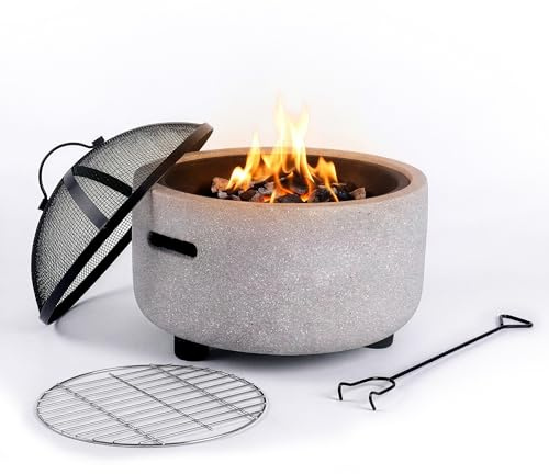 Relaxdays Feuerschale, Ø Schale 44 cm, Funkenschutz, grau/schwarz | Schürhaken, Steinoptik, Stahl, Feuerstelle Garten