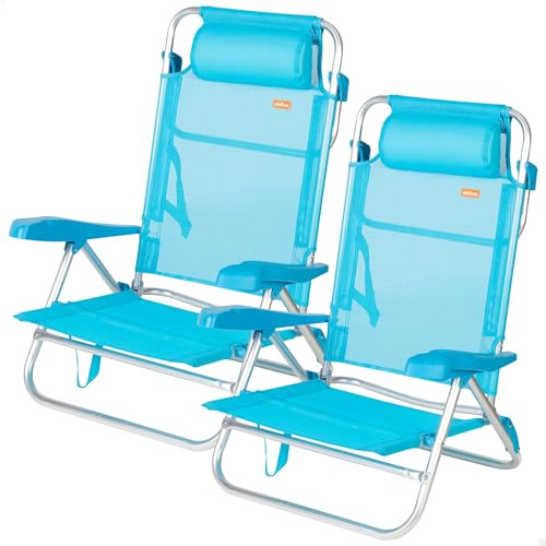 AKTIVE Pack de 2 chaises de Plage Basses, chaises Multipositions, 79 x 49 x 82 cm, Dossier inclinable, 8 Positions, avec appuie-tête, jusqu'à 110 kg, Pliables, avec poignée, Bleu (85528)