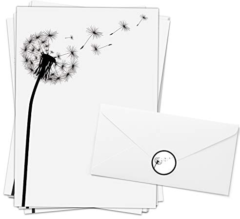 10 Blatt Trauerpapier im Set/Stilvoll/Pusteblume/Briefpapier mit 10 Umschlägen und 10 passenden Etiketten/Trauerbrief/Danksagung