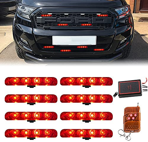 Teguangmei 8x4 LED lampeggiatore di emergenza strobo spia luce per auto lampeggiante 12V 8 in 1 griglia di montaggio superficiale avvertimento luce esterna con telecomando senza fili(Rosso)