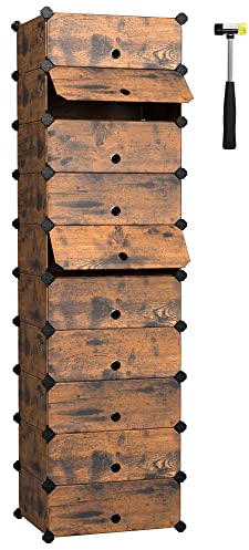 SONGMICS Schuhregal mit 10 Ebenen, Steckregal, Regalsystem, Schuh-Organizer, DIY-Regal, mit Tür, aus PP-Kunststoff, vintagebraun LPC010A01