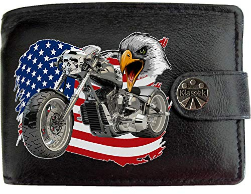 Klassek Motorcycle Chopper American USA Flag Bald Eagle Head Motor Bike Mens Wallet Gift Box Brand Real Black Leather RFID Blocking with Coin Pocket