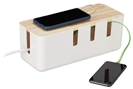 Relaxdays Kabelbox groß, für Steckdosenleiste, Kunststoff & Holz, weiß | Kabel verstecken, 11,5x30x12,5 cm, Steckdosenbox