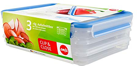 Aufschnittboxsystem, rechteckig 3x 1,0 Liter Clip Close 3D Wurstdose Käsedose Kondensmanagment: Kondenswasser läuft in Standfüße EMSA, Blau