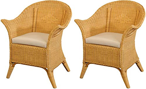 korb.outlet Extra breiter Rattansessel Natur Rattanstuhl Flechtsessel Lounge Korbsessel (Set/2 Honig - Gelb, mit Kissen)