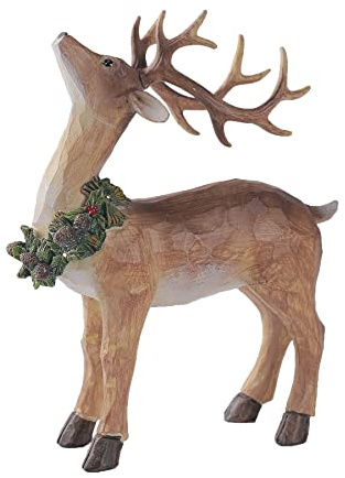 Floryden Christmas Deer with Pine Wood Carving Figurine, Reindeer Figurine with LED Lights Decorations for Home, Polyresin 11.8 H