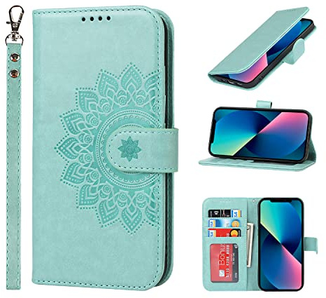 ELTEKER Handyhülle für iPhone 13 mini, Hülle iPhone 13 mini Klapphülle, [3 Kartenfächer] [Leder] [Magnet Verschluss] Eleganter Prägung schutzhülle Ledertasche Hülle für iPhone 13 mini, Grün