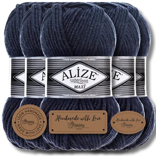 Alize 5 x 100g Superlana Maxi Türkische Premium Wolle Baumwolle und Acryl Uni Handstrickgarne, Yarn, Garn, Strickgarn, Einfarbig, Baby, zum Häkeln Stricken Kleidung Schals (Navy - 58)