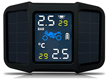 OBEST TPMS Solar ReifendruckKontrollsystem, Motorrad Reifendruckmesser, wasserdichte TPMS Moto Reifendruck Alarmsystem mit 2 Sensoren, 6 Alarmmodi, LCD Anzeige Echtzeit ReifenDruck und Temperatur