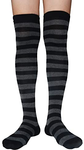 AUSUAYA Calcetines altos a rayas para mujer, de algodón, por encima de la rodilla, calentador de piernas para Halloween, cosplay y gótico GB-LW-3, Rayas negras y gris oscuro, Talla única