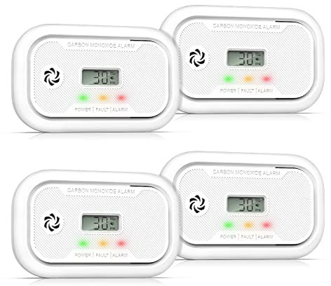 Carbon Monoxide Detector Portable with Digital LCD Display, Carbon Monoxide Alarm, Replaceable Battery Operated CO Alarm Detector, 10-Year Lifespan, Conforms to EN 50291 Standard, 4 Pack
