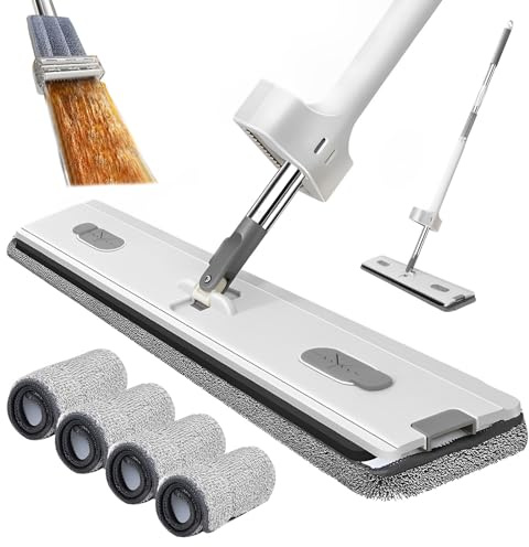 Grande serpillère plate avec fonction essorage, articulation à 360 °, balai plat avec 2 chiffons en microfibre, balai plat avec poignée en acier inoxydable, kit de serpillère pour bois dur, carrelage,