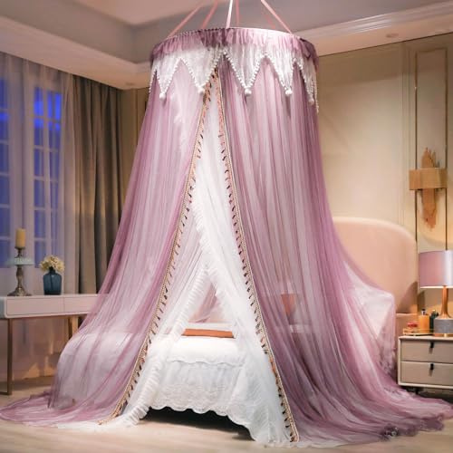 AIKASY Mädchen und Erwachsene Baldachin Bett, eleganter doppellagiger Bettvorhang, Kindertraum, rundes Spitzen-Moskitonetz, Prinzessinnen-Betthimmelnetz – passend für Twin-, Full-, Queen- und