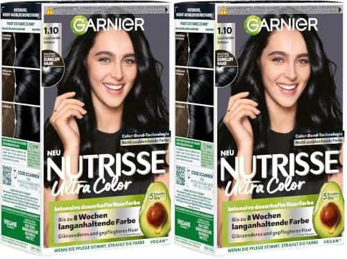 Garnier Nutrisse Pflegende Intensivtönung mit nährenden Fruchtölen, Coloration mit 8 Wochen Halt, Farbsensation Haarfarbe, 1.10 Leuchtendes Schwarz (Packung mit 2)