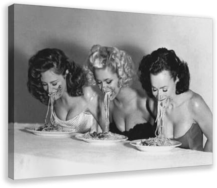 Leinwandposter mit 3 Frauen, die Spaghetti essen, Schlafzimmer, Dekoration, Sport, Landschaft, Büro, Raumdekoration, Geschenk, Rahmen-Stil, 30 x 45 cm