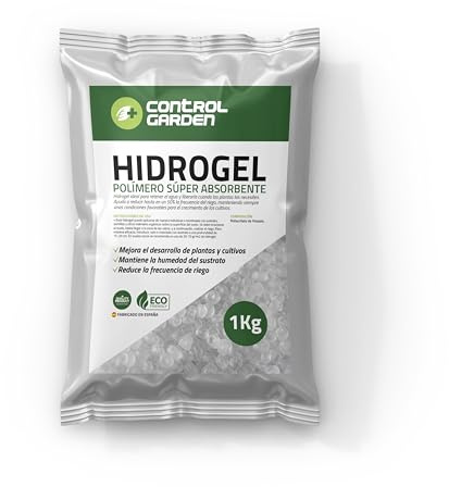 GROWMANIA.ES Control Garden Hydrogel vattenhållare för växter och grödor 1 kg | fast vatten för inomhus- och utomhusbruk | superabsorberande polymer upp till 300 l