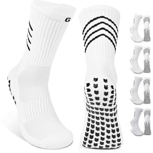 Gogogoal Anti-Rutsch Grip Fußball Fussball Männer Jugend gepolstert atmungsaktiv Baumwoll rutschfeste Sport Crew Trainer Sneaker Socken Rugby 43-50 Weiß L 4 Paar