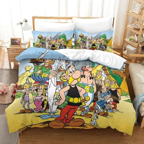 PATO FLIGHT Asterix Anime Housse De Couette Parure De Lit Ensemble Literie 3D Linge De Lit avec Fermeture Éclair Taies d'oreiller Microfibre 3 Pcs pour Adultes Enfants Filles King（220x240cm）