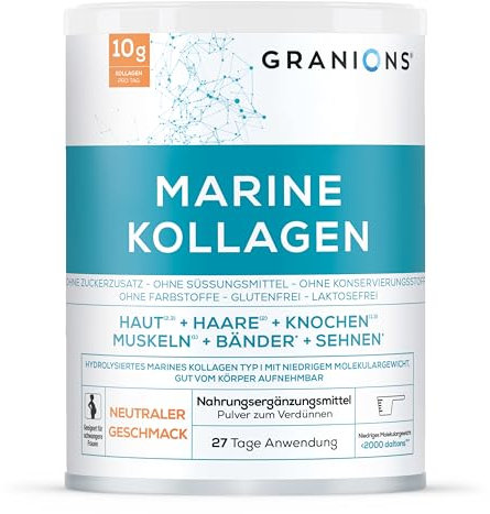 GRANIONS Collagene Marino - Collagene Idrolizzato Tipo 1 in Polvere con Vitamina C - Collagene da bere - Integratori per capelli e pele - Vitamina C - Gusto Neutro - 278g - 10g per Dose - 27 Giorni