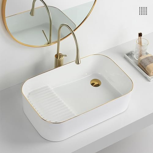 Lavandino in ceramica bianco sopra il bancone con gocciolatoio per bagni, balconi, lavanderie - Lavanderia con lavatoio per hotel e cortili esterni