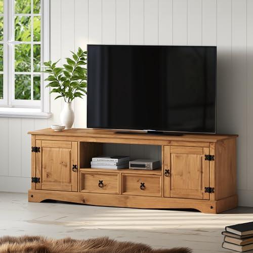 Corona Solid Wood Pine TV Unit Large 2 Drawer 2 Door Widescreen Wooden Media Television Entertainment Stand Living Room Lounge Bedroom Mexcian Style 52cm High 157cm Wide 35cm Deep