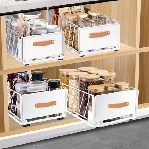 Pavlleen Teleskopschublade, Ausziehbarer Schrank Organizer,für Kabinett Metall Slide Out Organizer mit Griff Küche Aufbewahrungsregal Klebebänder Korb Schublade für Schrank,Weiß,40x15.5x25cm