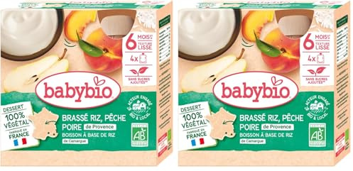 Babybio Gourde Brassé Riz Pêche Poire Bio, 4 x 85g (Lot de 2)