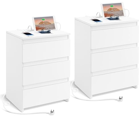 Yaheetech Set of 2 Charging Bedside Tables with 3 Drawers, White | 2 AC Outlets & 2 USB Ports, Handle-Free Profile, 45.5 × 35.5 × 60.5 cm Each, Coordinated Pair for Powered Bedside Use