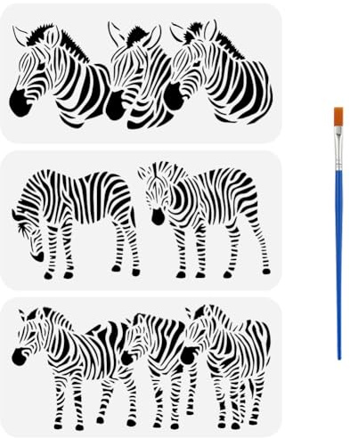 FINGERINSPIRE 3 Zebra Schablone Mit Pinsel 15x30cm Zebra Muster Vorlagen Kunststoff PET Tier Zebra Malschablonen Zebrakopf Vorlagen Tiermotiv Schablone Für DIY Dekoration
