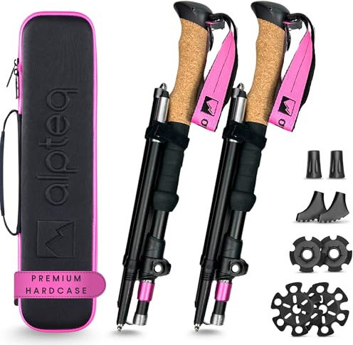 Alpteq® Bastones Plegables de Aluminio con Ajuste telescópico y Mango de Corcho – Bastones de Trekking y Senderismo Resistentes para montaña y Marcha nórdica – para Hombre y Mujer