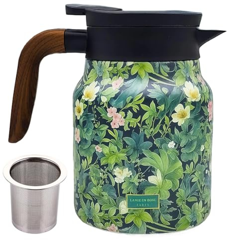 Tetermos avec motif floral vintage - Théière avec infuseur amovible 1000 ml, pichet sous vide isolé avec poignée en bois, fleurs en acier inoxydable pour la maison et l'appartement