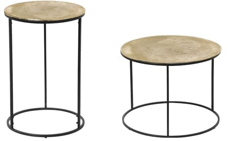 meineWunschleuchte Beistelltische 2er Set rund aus Metall Gestell Schwarz Tischplatte Gold, Höhe 46 und 61cm