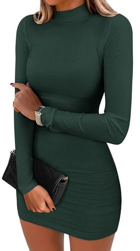 ANRABESS Women Long Sleeve Mock Neck Bodycon Mini Dress 2025 Fall Ribbed Slim Fit Pencil Cocktail Club Night Dresses Deep Green Small