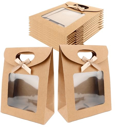 12 Stück Geschenktüten mit Fenster | Klein (12x16x6cm) | Kraftpapier | Für Süßigkeiten, Schokolade & Kleine Geschenke | Wiederverwendbare Papiertüten