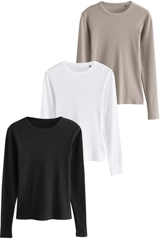 THE SET Damen t Langärmelige gerippte Tops, 3er-Pack Schwarz/Taupe Braun/Weiß M