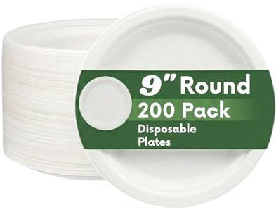 9 Inch Disposable Bagasse Plates 200 Pack | Strong Sugarcane Fibre Plates | Compostable Dinner Plates for Parties, Weddings, BBQs & Catering | Suitable for Hot & Cold Foods