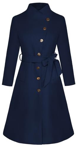 GRACE KARIN Women's Trench Coat Waisted A-line coat Single-breasted Lapel coat with Pockets Belted Dark blue S