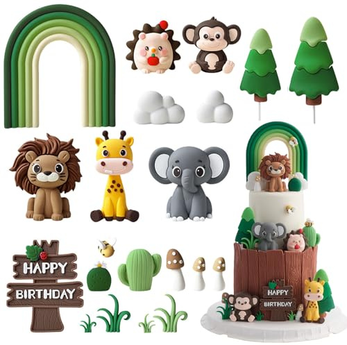 21PCS Jungle Animal Cake Toppers,Animals Happy Birthday Cake Toppers,Jungle Theme Party Decorations,Wild Safari Theme Cake Decorations for Boys Girls Baby Shower Party Supplies (C)