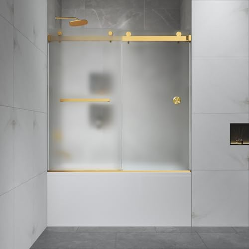 FELYL 56-60 W x 60 H Frameless Bypass Bathtub Sliding Shower Door Double Sliding Tub Door with 5/16 (8mm) Frosted Ultra-Clear SGCC Tempered Glass in Brushed Gold