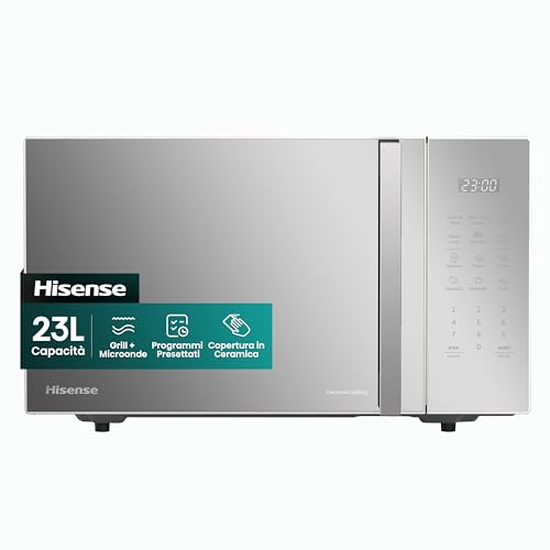Hisense H23MOMS5HG Forno Microonde, Capacità 23 Litri, apertura porta a sinistra, display LED touch, 8 funzioni, 800W, Porta in Vetri, Argento