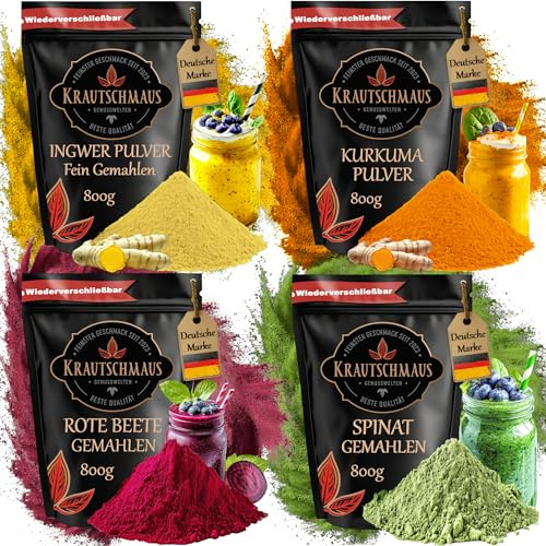 je 800g Rote Beete Pulver, Spinatpulver, Kurkumapulver, Ingwerpulver Smoothies Starter Set, Krautschmaus, für Milkshakes, Joghurts, getrocknet, gemahlen, intensive Farbe, natürliche Lebensmittelfarbe