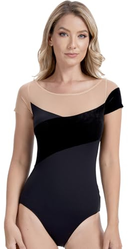 s.lemon Maillot de Danza Mujer Manga Corta, Maillot Ballet Adulto con Empalme de Terciopelo y Malla D047 Negro 160