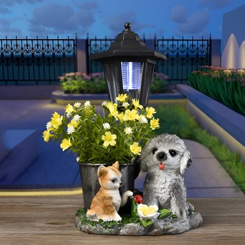 Tuzsocr Katzen Deko Gartenfiguren für Drauße, Hund Gartenstatue mit Solar LED Solarleuchten, für Außen Hof Yard Rasen Balkon Terrassen Geschenke für Frauen Männer Mama Geburtstag Feengarten (Stil 4)