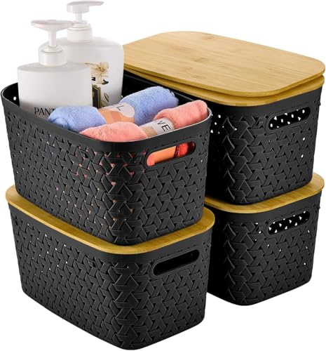 Sagittar 4er-Set Aufbewahrungsboxen mit Bambusdeckel, Kunststoff-Körbe mit Rattanoptik, Große Kapazität Aufbewahrungsbox für Couchtisch, Frisiertisch, Küche und Aufbewahrung von Spielzeug (Schwarz)